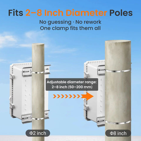 Pole Mounting Kits In 304 Stainless Steel With Adjustable 2 To 8 Inch Clamps For Electrical Boxes, Devices, And Outdoor Applications, Heavy Duty Easy Install Includes 6.9 By 1.9 Inch Brackets And Screws
