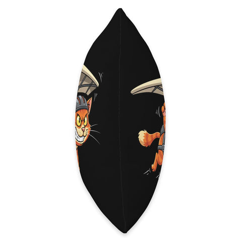Airborne Cat Hang Glider Throw Pillow side view with flying feline cartoon on black polyester fabric