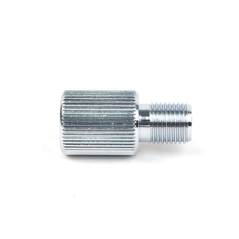 M10x1.0 Male to 3/8-24 Female Adapter for Antennas, nickel plated, shown from side showing threading and textured grip