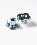 1000 Pack Zinc Plated 3/8-16 T-Nuts With 7/16 Inch Hole Four Prong Screw Inserts for rock climbing and gym rigging.