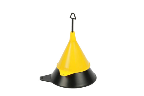 Yellow and black funnel from 10 Piece Funnel Set For Garage And Shop With All The Gear You Need For Oil Fuel And Other Automotive Fluids Perfect For Quick Transfers And Maintenance Tasks