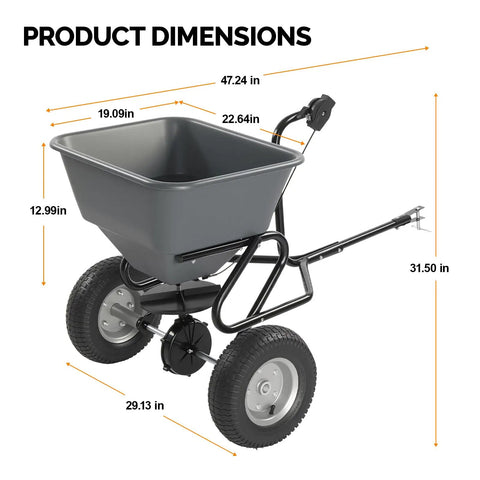 Dimensions of 110 Lb Tow Behind Fertilizer Broadcast Spreader With 10 Adjustable Drop Rate And 11.4 Inch Tire For Multi Terrain Lawn Care And Seed Spreading
