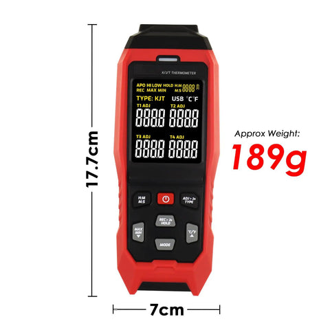 Four Channel Thermocouple Data Logger Thermometer Workhorse front view showing dimensions 17.7cm x 7cm and weight 189g