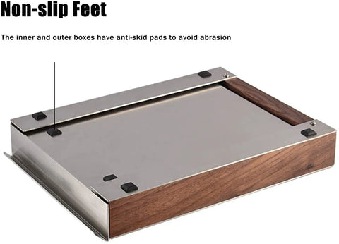 Big League Stainless Steel Espresso Knock Box With A Roomy Detachable Drawer And Integrated Tamping Station showing non-slip feet detail.