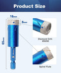 16mm Diamond Hole Saw Drill Bit Set In A 2 Pack With Hex Shank For Dry Drilling Through Porcelain Ceramic Stone Granite Marble Core Bits Grit 50 60 Quick Fit 6.5mm 65mm Length shown with measurements and diamond grit details