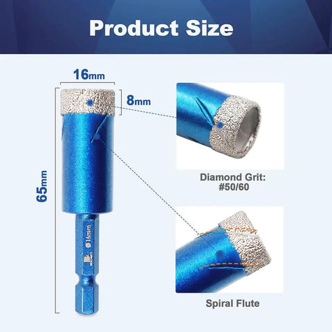 16mm Diamond Hole Saw Drill Bit Set In A 2 Pack With Hex Shank For Dry Drilling Through Porcelain Ceramic Stone Granite Marble Core Bits Grit 50 60 Quick Fit 6.5mm 65mm Length shown with measurements and diamond grit details