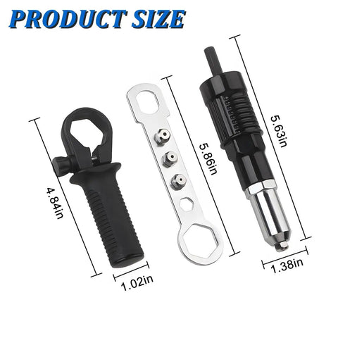 Cordless Car Rivet Gun Adapter Kit With Four Rivet Heads Power Drill Attachment For Auto Body Repairs Universal Tool Sizes Shown