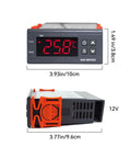 Front and side view of Dual Stage 12V Digital Temperature Controller Thermostat with dimensions shown, black casing and red display.