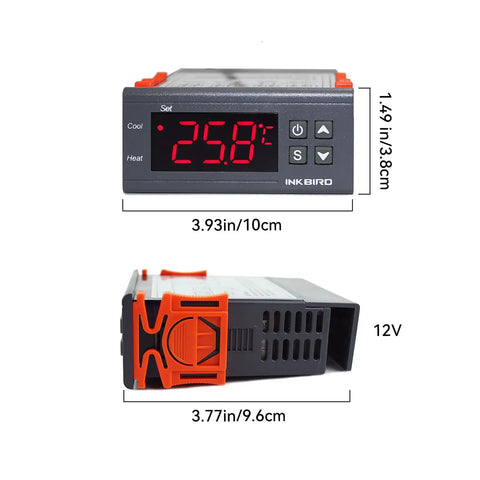 Front and side view of Dual Stage 12V Digital Temperature Controller Thermostat with dimensions shown, black casing and red display.
