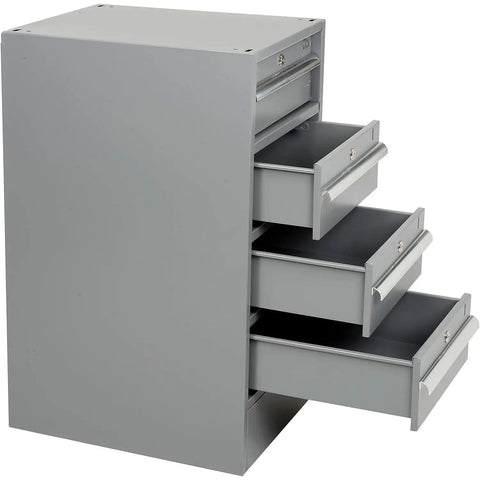 Top Shelf Double Pedestal Workbench With Expandable Drawers And ESD Safe Foundation 72 By 30 By 33 Inches gray steel storage drawer unit.