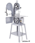 Pro Grade Heavy Duty Electric Meat Bandsaw 1500W Stainless Steel Vertical Bone Cutter with open frame and visible wheels.
