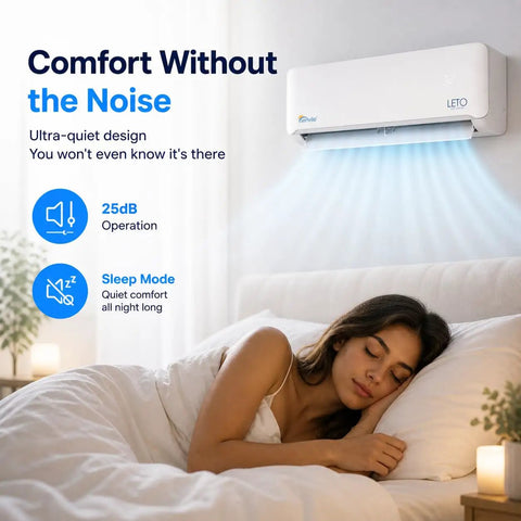 Top Tier 30000 BTU Smart Mini Split AC And Heat Pump With Wifi And Voice Control Delivers Zero Sweat Chilling And Kickin Warmth For Massive Rooms And Open Layouts with ultra-quiet operation and woman sleeping peacefully.