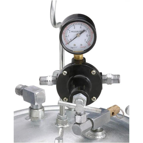 Close-up of dual output regulator on 2 1/4 Gallon Paint Tank With Galvanized Steel Body Dual Output Regulator 45 Psi Max For HVLP And Conventional Spray Guns Lid Gasket Included Hose Not Included