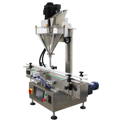 Slick Automatic Desktop Filler For Powders And Granules Featuring Chain Conveyor And Digital Scale 110V, stainless steel construction, 10-200g capacity.