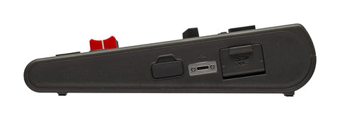 Side view of R20 Multi-Track Tabletop Recorder With Touchscreen, 16 Tracks Up To 8 Simultaneous, showing USB port and SD card slot.
