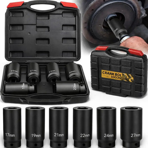 Weighted Half Inch Drive Harmonic Balancer Socket Set With 17Mm 19Mm 21Mm 22Mm 24Mm 27Mm Deep Impact Sockets Three Times Momentum Power Enhanced Grip For Stubborn Crank Bolts Heavy Duty Metric Socket Kit in a black carrying case with visible sockets.