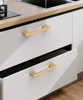 Champagne Bronze Cabinet Pulls 5 Inch Center To Center, 10 Pack Zinc Alloy Cabinet Handles installed on white kitchen drawers