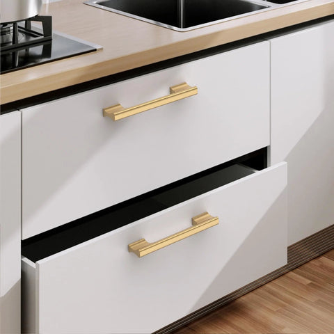 Champagne Bronze Cabinet Pulls 5 Inch Center To Center, 10 Pack Zinc Alloy Cabinet Handles installed on white kitchen drawers