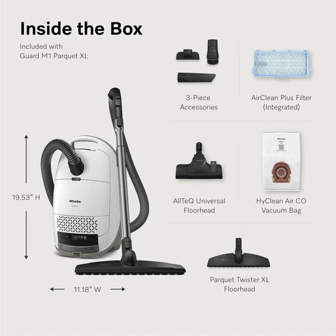 Inside the box of a Premium Bagged Canister Vacuum For Hard Floors And Thin Carpet Featuring XL Parquet Brush Universal Floorhead.