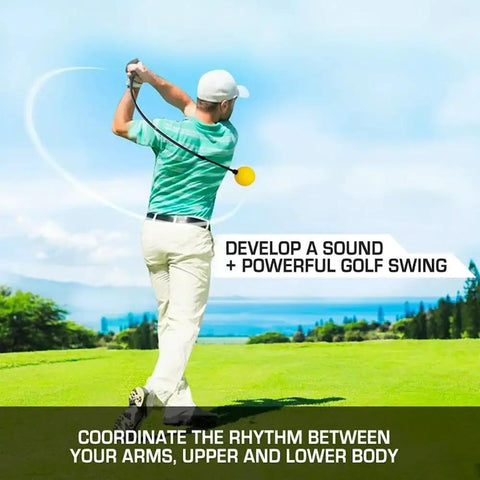 Man using Golf Swing Trainer For Men And Women To Improve Tempo Rhythm Balance And Strength With Easy Indoor And Outdoor Practice