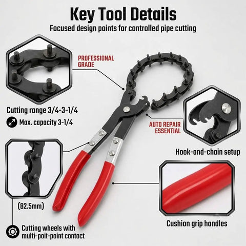Heavy Duty Exhaust Pipe Chain Cutter Pliers For Auto Repair Spark Free 360 Degree Manual Tube Cutter For Three Quarter To Three And A Quarter Inch Pipes with red grip handles
