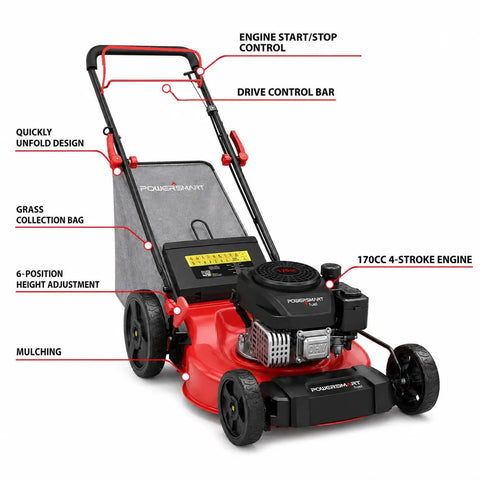 Gas Self Propelled Lawn Mower For Hills And Medium Yards, A Yard Workhorse With 170cc OHV Engine, 3 In 1 Mulching Bagging Discharge, 6 Position Height, Alloy Deck, Easy Start, Rear Wheel Drive with grass bag