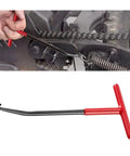 Motorcycle exhaust spring hook tool with red rubber-coated T-handle and curved steel hook for removing or installing exhaust springs