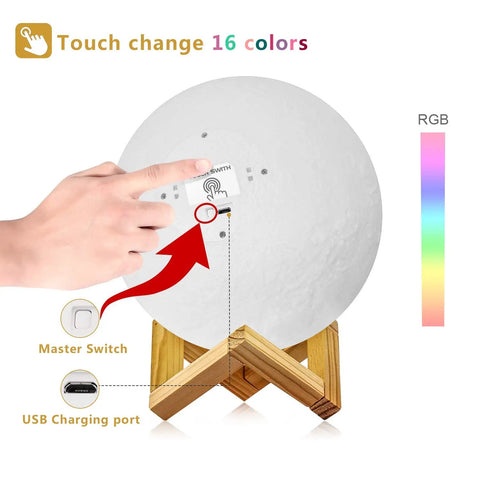 Touch control on Moon Glow 5.9 Inch Moon Lamp With 16 Colors Dimmable And Rechargeable Lunar Night Light Full Set