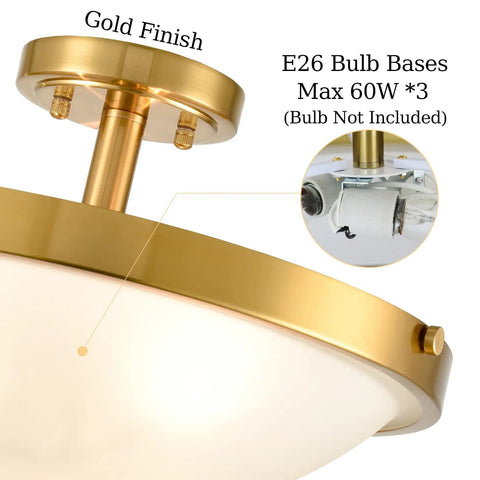 Close-up of gold semi flush mount ceiling light showcasing brass canopy and milk glass with E26 bulb base.