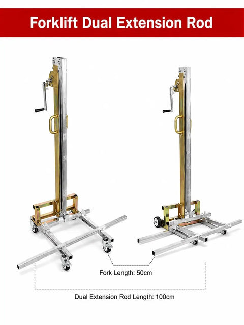 Forklift dual extension rod with 100cm rod length and 50cm fork length for material lifting tasks.