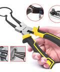 Four Piece Heavy Duty Snap Ring Pliers Set Seven Inch Internal And External Circlip Pliers Kit With Straight And Bent Jaw Tips Built Tough Pro Grade, shown in hand with close-up of jaws and ring removal action.