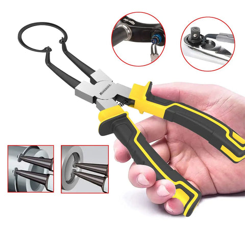 Four Piece Heavy Duty Snap Ring Pliers Set Seven Inch Internal And External Circlip Pliers Kit With Straight And Bent Jaw Tips Built Tough Pro Grade, shown in hand with close-up of jaws and ring removal action.