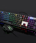Top Tier Legit Gaming Mechanical Keyboard And Adjustable DPI Mouse Combo With Long Wired Cable For PC Laptop Desk Setup Featuring RGB LED Backlights and non slip grip.