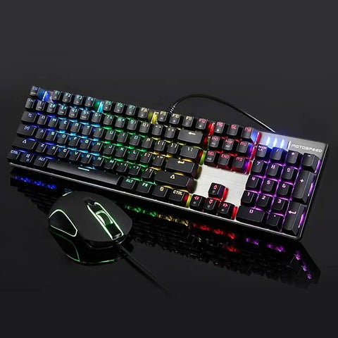 Top Tier Legit Gaming Mechanical Keyboard And Adjustable DPI Mouse Combo With Long Wired Cable For PC Laptop Desk Setup Featuring RGB LED Backlights and non slip grip.