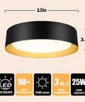 Flush Mount LED Ceiling Light 13 Inch 2400 Lumens 25W Dimmable 3 Color Temperatures Black Gold Modern Lamp dimensions and features