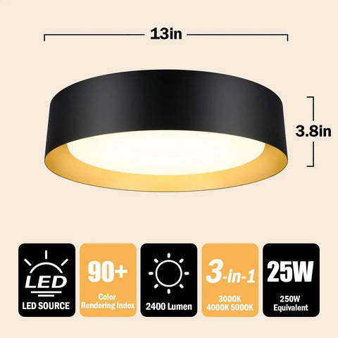 Flush Mount LED Ceiling Light 13 Inch 2400 Lumens 25W Dimmable 3 Color Temperatures Black Gold Modern Lamp dimensions and features