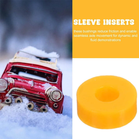 100 Pack Miniature Plastic Bushings and Axle Sleeves for Toy Vehicles next to a model car in snow, orange bushing close-up