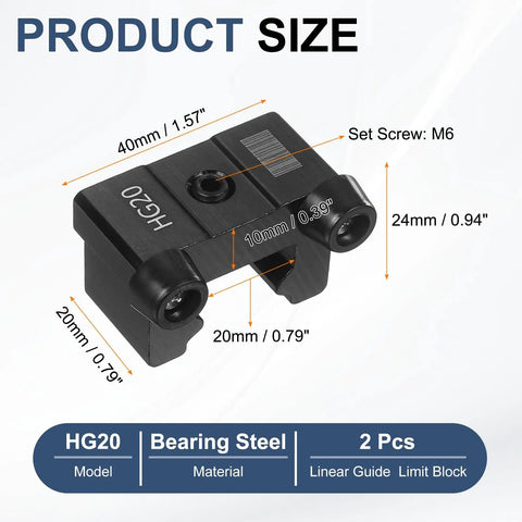 Beefy Two Pack HG20 Linear Guide Rail Fixed Slider with Anti Collision Block, dimensions 40x20x24mm, M6, for CNC Machines