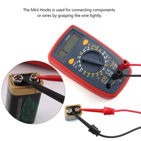 Alligator Clip To Banana Plug Multimeter Lead Set With Mini Hooks connected to a battery and multimeter