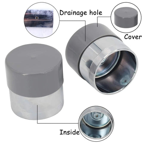 Bearings Protectors For 1.98 Inch Hub Grease Caps And Dust Covers Pair Gray And Chrome showing drainage hole and inside view