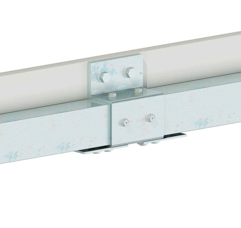 Close-up of Rugged Galvanized Steel Exterior Double Sliding Barn Door Hardware Kit For Outdoor Use, showing bracket on box track