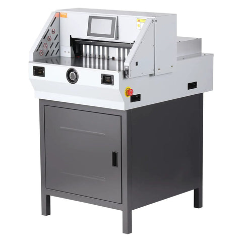 VEVOR Heavy Duty Electric Paper Cutter With 19 Inch Cutting Width And 3 Inch Depth Cuts Up To 800 Sheets Effortlessly, featuring 7 inch touchscreen.