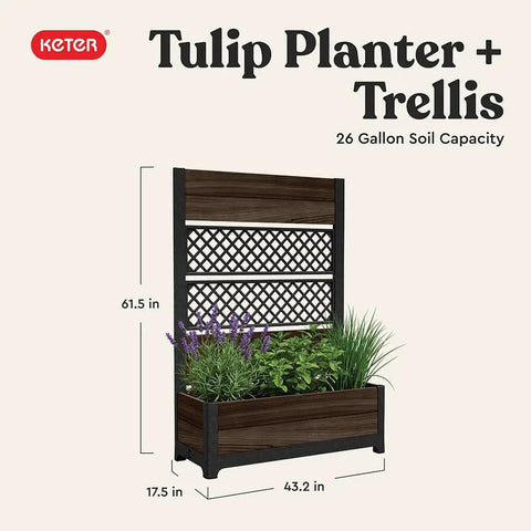 Outdoor Planter Box With Privacy Screen And Trellis 26 Gallon Raised Garden Bed for climbing plants with wood look resin.