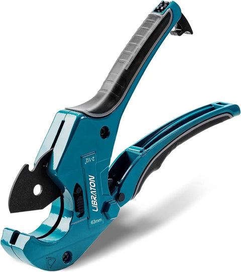 Heavy Duty Ratchet Pipe Cutter For PEX PVC And PPR Hoses Up To Two And A Half Inches With Aluminum Body And SK5 Blade Teflon Coated