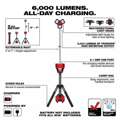 Diagram of 2136-20 Cordless Tripod Light For 18V M18 Rocket System, showcasing its features like 6000 Lumens and adjustable height.