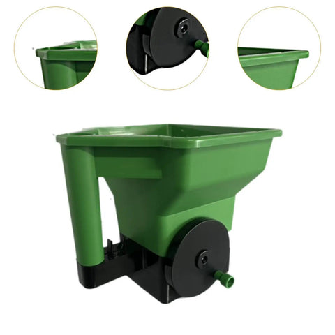 Green plastic Handheld Garden Spreader For Seeds, Fertilizer And Salt Portable Manual Dispenser With Easy Grip shown from side view.