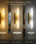 Top Shelf Alabaster Wall Sconces Set of 2, 24 Inch Spanish Marble Lights showing 3 color temperatures: warm, neutral, and cool white.