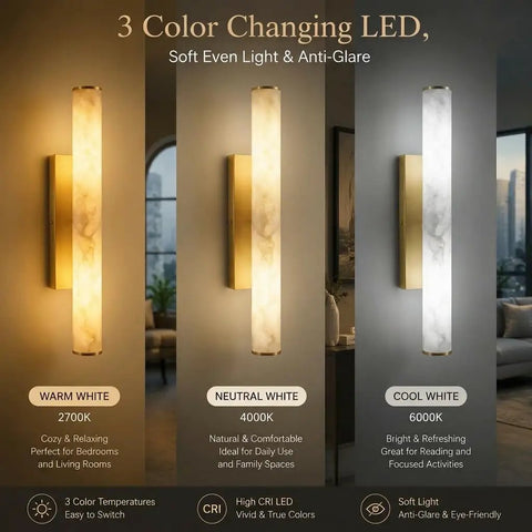 Top Shelf Alabaster Wall Sconces Set of 2, 24 Inch Spanish Marble Lights showing 3 color temperatures: warm, neutral, and cool white.