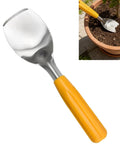 Nine Inch Serrated Edge Weeding Trowel With Stainless Steel Blade And Comfy Grip Handle shown digging in pot soil