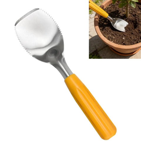 Nine Inch Serrated Edge Weeding Trowel With Stainless Steel Blade And Comfy Grip Handle shown digging in pot soil